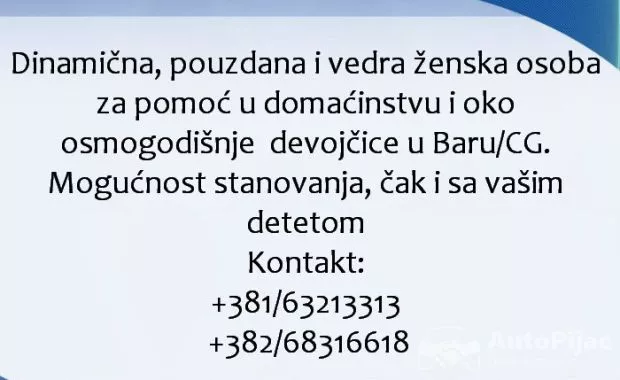 Pouzdana zena za pomoc porodici u Baru/CG