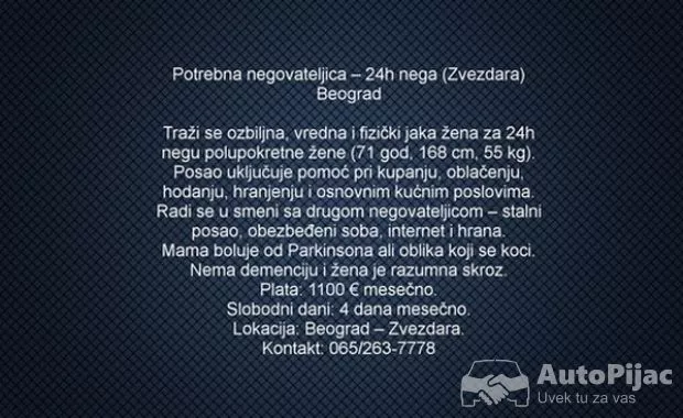 Potrebna negovateljica – 24h nega (Zvezdara) Beograd